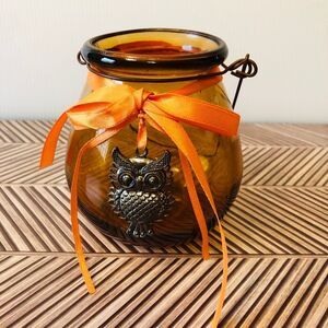 Amber Glass Hanging Lantern Tealight Holder Metal Owl Orange Ribbon Goth Decor
